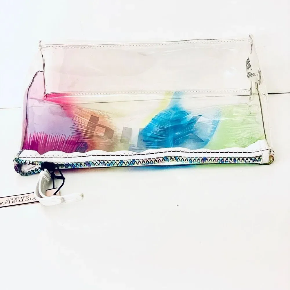 NWT Victoria’s Secret PINK Prism Palm Pouch Makeup Bag Clear Iridescent Rainbow